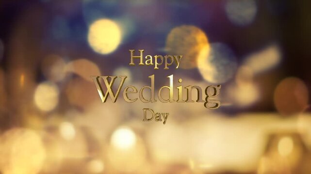 結婚式の背景　キラキラ輝くキャンドルの光の丸ボケにHappy Wedding Dayの3dテキスト　光を反射する文字の表面　ウエディング・オープニング・タイトル・お祝いの背景