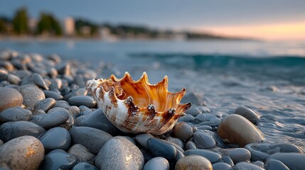 A shell is laying on a rocky beach. The shell is brown and white, and it is partially submerged in the water. The beach is rocky and has a calm, serene atmosphere