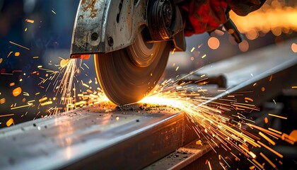 Close-up of sparks flying from a rotating saw cutting metal