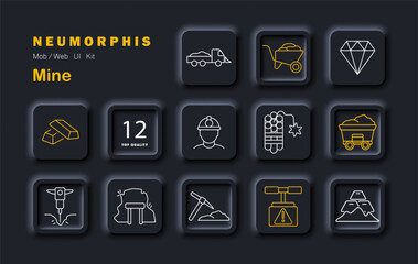 Mine set icon. Displays gold bars, diamonds, wheelbarrow, dynamite, pickaxe, hardhat, tunnel, drill, dump truck, mineral pile, warning valve, cart with ore