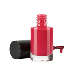 Red nail polish bottle with open cap and liquid drip isolated on transparent background for manicure, pedicure, cosmetic branding, beauty product advertising and fashion design use
