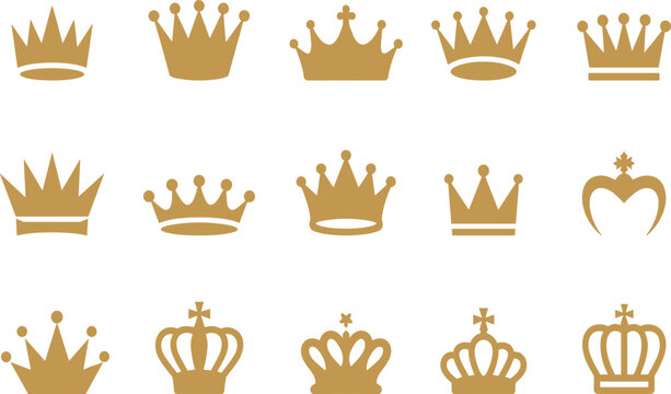 Crown icon set, gold vector crowns, royal symbol collection, flat design, minimalist style, heraldic emblem, monarchy illustration