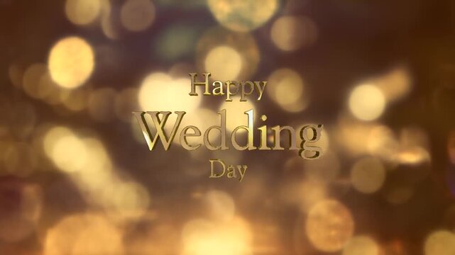 結婚式の背景　キラキラ輝くキャンドルの光の丸ボケにHappy Wedding Dayの3dテキスト　光を反射する文字の表面　ウエディング・オープニング・タイトル・お祝いの背景