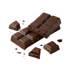 Dark chocolate bar broken into pieces with crumbs isolated on transparent background, realistic dessert food concept for packaging, bakery design, sweets advertising and confectionery use