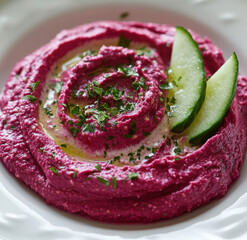 Beetroot Hummus Dip With Sliced Cucumber And Fresh Herbs Served On White Plate
