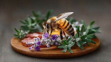 A bee is on a plate of food with flowers. The plate is on a wooden surface. The bee is eating something on the plate
