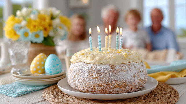 Father carefully carrying birthday cake to table in family kitchen gathering