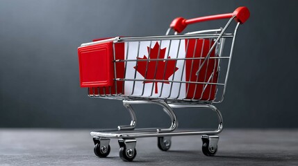 A shopping cart with a Canadian flag on it. The cart is red and silver