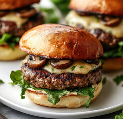 Mushroom-Infused Burger Patties With Leafy Greens On Brioche Bun Served On White Plate

