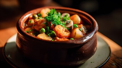 Heartwarming seafood stew a rustic homemade meal bathed in warm cozy kitchen light inviting textures