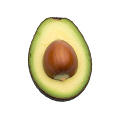 Fresh avocado half with seed isolated on transparent background, healthy green fruit for nutrition design, vegan food concepts, organic diet visuals, superfood branding and lifestyle use
