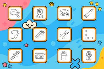 Makeup set icon. Lips, compact, eye, cream, hairdryer, brush, sponge, mascara, comb, palette, bottle, mirror. Cosmetics, beauty, care, facial products, tools.