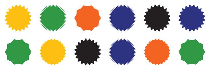 Set of red starburst. Price sticker, sale sticker, price tag, starburst, quality mark, retro stars, sale. Circle sticker set. Wavy edge promo red badges. Star burst shape tags for price. Red sale tag