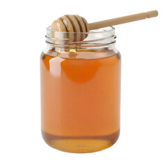 Glass honey jar with wooden dipper isolated on transparent background, natural golden honey container for food, beverage, organic product, healthy nutrition design use
