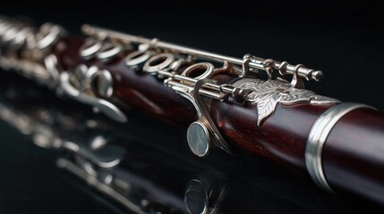 bassoon. A dark wood bassoon with silver keys, showcasing its elegant curves in a close-up view. tutorial guides, club newsletters, designed for sports & leisure club marketing.