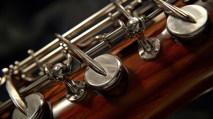 Obraz premium bassoon. A dark wood bassoon with silver keys, showcasing its elegant curves in a close-up view. tutorial guides, club newsletters, designed for sports & leisure club marketing.