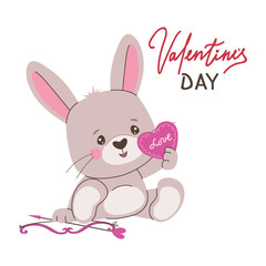 Vector illustration of an adorable bunny holding a heart with love text, perfect for Valentine s Day greetings. The bunny sits with a cheerful expression beside a bow and arrow.