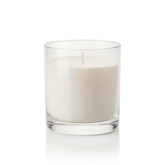 White wax candle in clear glass jar isolated on transparent background, minimal home decor and aromatherapy style product for relaxation, spa, bedroom, and gift use