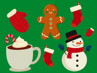 Cute Cartoon Holiday Icons with Santa, Reindeer, and Christmas Trees.