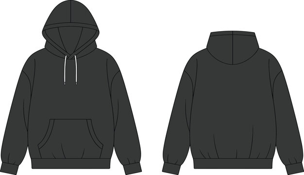 Hooded sweatshirt flat sketch, kangaroo pocket, front back view, fashion template, technical garment illustration, apparel design vector