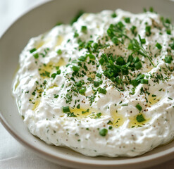 Wild Herb Yogurt Dip With Fresh Green Garnish And Creamy Texture On White Plate
