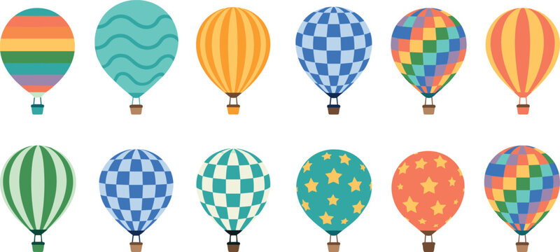 Hot air balloon icon set, colorful vector, pattern design, travel symbol, sky adventure, floating graphic, playful style