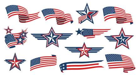USA Flag and Patriotic Star Collection with American Banners, Fourth of July Memorial Day Design Elements, United States Ribbons and Military Service Symbols © Tharusha