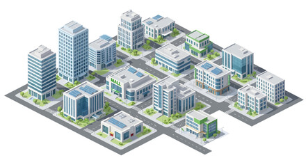 Isometric City Map with Modern Office Buildings, Shopping Mall, and Eco-Friendly Architecture, Urban District 3D Vector Illustration with Solar Panels and Green Spaces