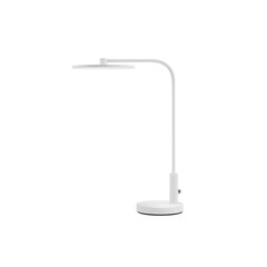 Modern white desk lamp with minimalist curved arm and round base, adjustable table lamp isolated on transparent background for office, study, reading, and interior lighting design