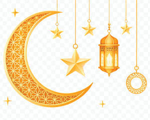 abstract 3d golden color crescent moon, lantern and star hanging in 3d different gold color style isolated on transparent background