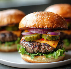 Plant-Forward Fast Food Burgers With Lettuce, Tomato, And Red Onion On White Plate
