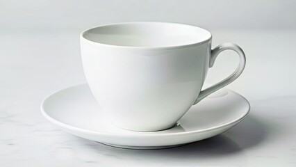 Obraz premium White Ceramic Coffee Cup and Saucer on Marble Surface Minimalist Still Life.jpg