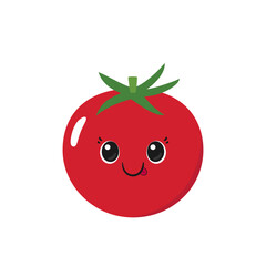 Cute tomato, fun cartoon character, happy smiling face, big eyes, kawaii style, flat vector illustration.