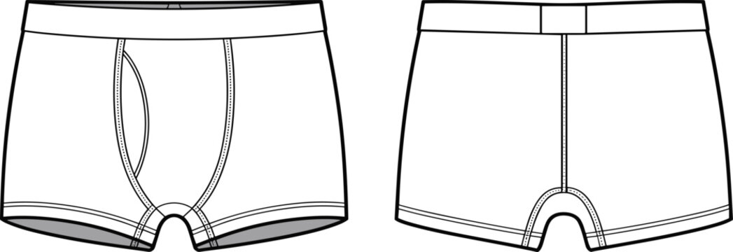 Men&rsquo;s boxer briefs template, front and back view, underwear sketch, fashion flat, garment design, technical drawing, apparel vector, mockup