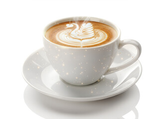 Hot cappuccino coffee cup with latte art on saucer isolated on transparent background, aromatic cafe beverage concept for menus, branding, advertising and food presentation