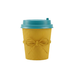 Reusable takeaway coffee cup with blue lid and yellow textured sleeve tied with ribbon, eco friendly drink container isolated on black background