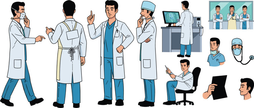 Healthcare Medical Specialist Character Constructor for Animation, Full Body Doctor Illustration with Front Side Back Views, Modular Anatomy Parts, Multiple Poses and Postures, Isolated Vector Design