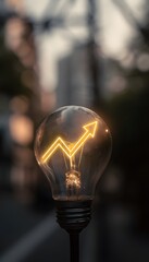 Rising energy growth concept illuminates a bright light bulb against a twilight power line backdrop