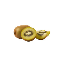 Golden kiwi fruit sliced and whole showing fresh yellow flesh, juicy tropical fruit composition isolated on black background, healthy vitamin rich food