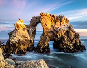 Coastal rock arch at sunrise, with blurred ocean and clear sky