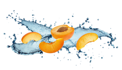 Water splash with apricot fresh fruit dynamic motion juicy droplets natural refreshment realistic illustration isolated on white background