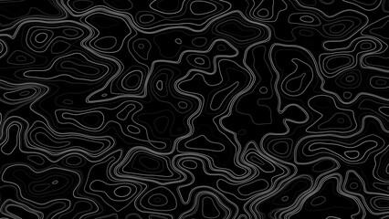 Black abstract topographic map background. White topographic terrain lines on a black background. Vector illustration.