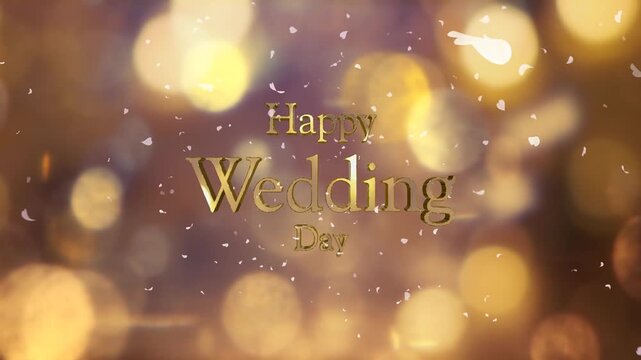 結婚式の背景　キラキラ輝くキャンドルの光の丸ボケにHappy Wedding Dayの3dテキスト　光を反射する文字の表面　舞い散る花びらフラワーシャワー　ウエディングパーティー・オープニング・タイトル・お祝いの背景