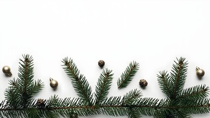 A serene Christmas scene with pine branches and ornaments on a white background
