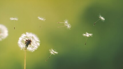 Obraz premium trusteeship. Dandelion seeds drifting in gentle breeze against soft green background. gardening catalogs, home-decor guides, designed for home decor and floral branding, promotes healthy living.