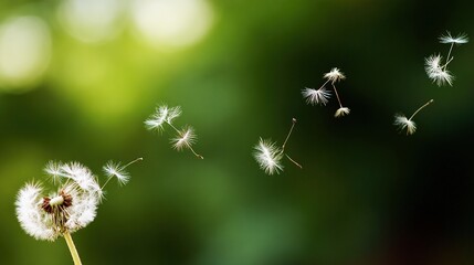 trusteeship. Dandelion seeds drifting in gentle breeze against soft green background. gardening catalogs, home-decor guides, designed for home decor and floral branding, promotes healthy living.
