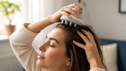 Fototapeta premium Girl doing herself a head massage using a scalp massager, stimulating hair growth, microcirculation, help to distribute natural oils more evenly across the scalp