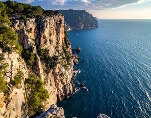 Coastal cliffs meet the ocean under a beautiful, clear blue sky