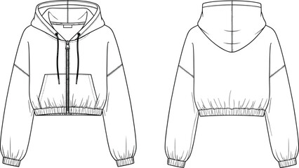 Cropped hoodie front and back view, zipper closure, drawstring hood, kangaroo pocket, fashion apparel, casual wear, garment design, mockup © Arafat World