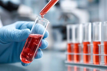 Laboratory technician adding red liquid to test tube in scientific experiment Generative AI